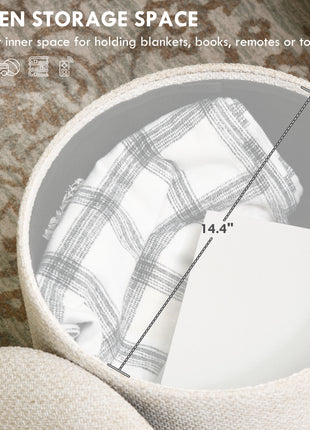 Round Ottoman Stool with Storage, Linen Fabric Upholstered Foot Stool with Padded Seat, Hidden Space and Wood Legs