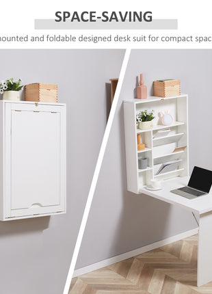 Wall Mounted Fold Out Convertible Desk, Multi-Function Floating Desk with Storage Shelf for Home Office, White