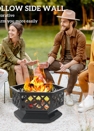 28" Outdoor Fire Pit with Grill Hexagon Fireplace Wood Burning Firepit with Cooking Grate, Fire Poker, Spark Screen Lid
