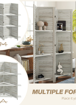 4 Panel 67" Tall Wood Privacy Screen Room Divider with 3 Shelves and Folding Storage for Bedroom, Distressed White