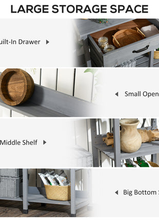 Potting Bench Table, Outdoor Garden Table Wooden Work Station with Removable Sink, Faucet, Drawer, Shelves, Hooks, Gray