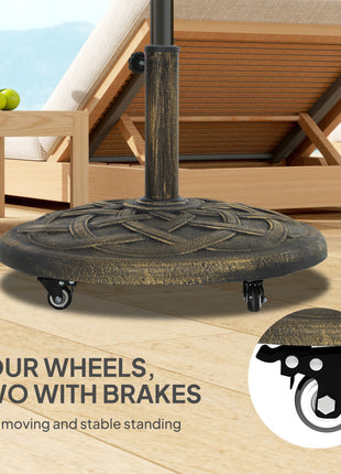 Round Patio Umbrella Base with Wheels, 44 lbs Resin Umbrella Stand Base, Heavy Duty Patio Umbrella Holder for 1.3"/1.5"/1.9" Umbrella Poles for Outdoor, Lawn, Poolside, Bronze