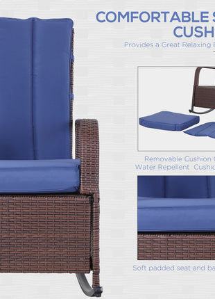 Outdoor Rattan Wicker Rocking Chair Patio Recliner with Soft Cushion, Adjustable Footrest, Max. 135 Degree Backrest, Blue