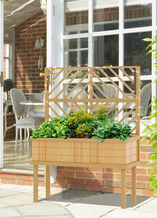 Elevated Wood Planter with Trellis for Climbing Plants, Raised Garden Bed with Legs and Drainage Holes, Natural Wood