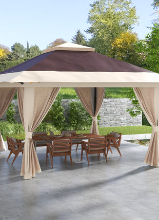 13' x 13' Pop Up Gazebo Instant Canopy Tent Shelter with 2-Tier Roof, Carry Bag, Wight Bags for Outdoor, Garden, Brown