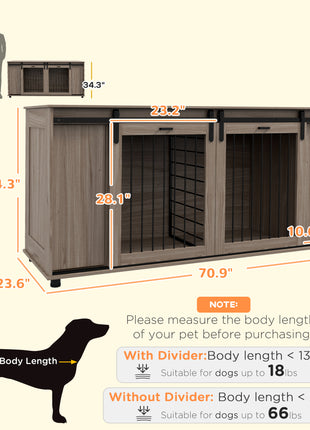 71" Modern Dog Kennel Furniture with Removable Divider, Storage for 2 Small Dogs or 1 Large Dog, Walnut