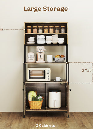Baker's Rack with Power Outlet and Storage Shelves, Microwave Stand with Louvred Door Cabinets, Gray Wood Grain