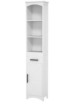 Farmhouse Tall Slim Bathroom Storage Cabinet with Recessed Drawer, Narrow Cabinet with Barn Door, White
