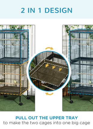 55" 2 In 1 Bird Cage Aviary Parakeet House for finches, budgies with Wheels, Black