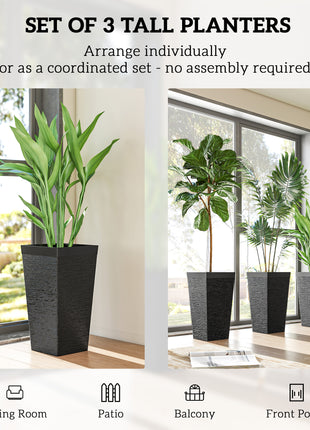 22.8 Inch Set of 3 Outdoor Planters with Stone Finish and Wheels, Stackable Tapered Planters with Drainage Hole, Black