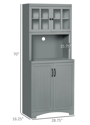 Storage Cabinet with Adjustable Shelves and Microwave Space, 70" Pantry Cabinet with Glass Framed Door, Gray