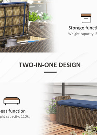 Outdoor Patio Wicker Storage Bench, 2-In-1 Rattan Patio Furniture, 29 Gal Storage Box w/ Cushion, Dark Blue