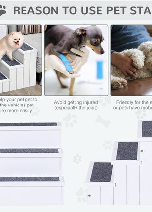 3 Step Wooden Carpeted Non Slip Pet Stairs Ramp for Cats and Small Dogs - White