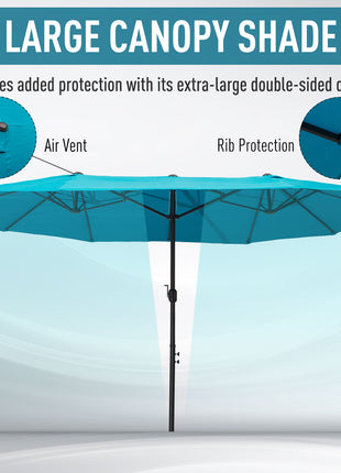 Patio Umbrella 15ft Double-Sided Outdoor Market Extra Large Umbrella with Crank Handle for Deck, Lawn, Backyard and Pool, Blue