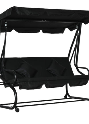 3-Seat Outdoor Patio Swing Chair, Converting Flatbed, Outdoor Swing Glider with Adjustable Canopy, Removable Cushion and Pillows, for Porch, Garden, Poolside, Backyard, Black