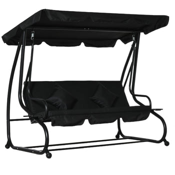 3-Seat Outdoor Patio Swing Chair, Converting Flatbed, Outdoor Swing Glider with Adjustable Canopy, Removable Cushion and Pillows, for Porch, Garden, Poolside, Backyard, Black