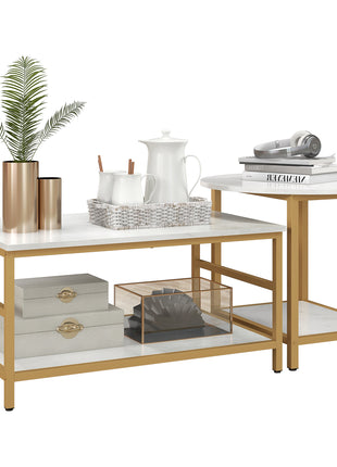 Coffee Tables Set of 2, Rectangle and Round Coffee Table with Storage Shelves, Faux Marble Top, Living Room Table Set