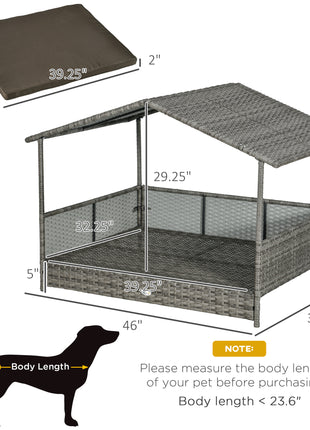 Outdoor Dog Bed with Canopy, Rattan Dog Bed with Soft Cushion Removable Cover for Medium and Large Dogs, Charcoal Gray