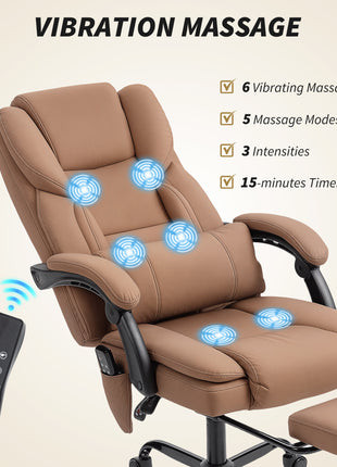 Office Chair with Massage, Pet-Friendly Faux Leather Reclining Desk Chair with Lumbar Support, Footrest, Brown