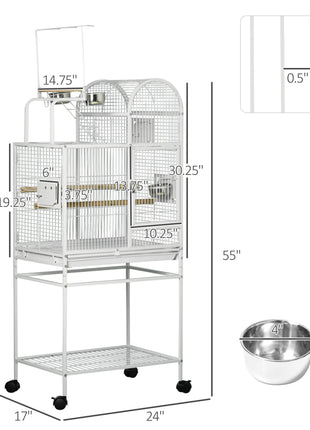 55" Large Parrot Cage with Toy Hooks Above Top Bird Perch, Tray, Food Cups, Rolling Stand, Bird Cage for Cockatiels, Parakeets, Lovebirds