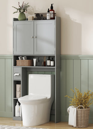 Modern Over the Toilet Storage Cabinet with 2 Doors, Above Commode Storage Cabinet with Toilet Paper Holder, Gray