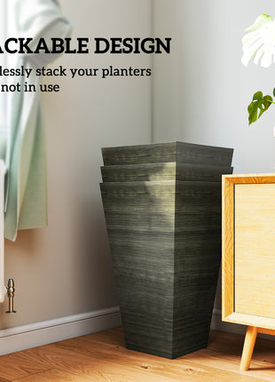 Set of 3 Tall Planters, 28" Outdoor Planter w/ Drainage Holes, Faux Wood Plastic Flower Pots, Dark Brown
