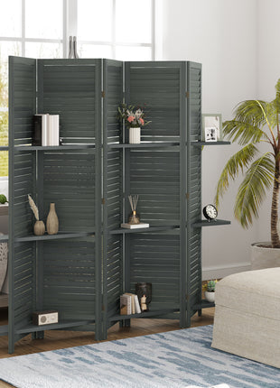 5 Panel 67" Tall Wood Privacy Screen Room Divider with 3 Shelves and Folding Storage for Bedroom, Gray