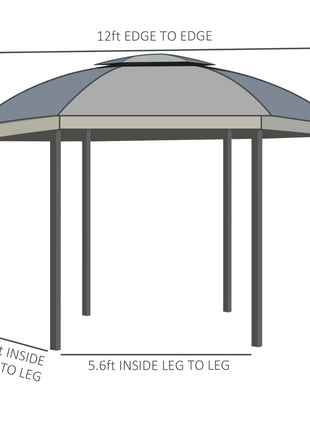 12' x 12' Round Outdoor Gazebo, Patio Dome Gazebo Canopy Shelter with Double Roof, Netting Sidewalls and Curtains, Zippered Doors, Strong Steel Frame, Grey