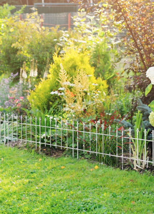 Metal Decorative Garden Fence, 9.2' x 17.25" 5 Steel Panels, Decorative Border for Landscape, Flower Bed, Animals, White