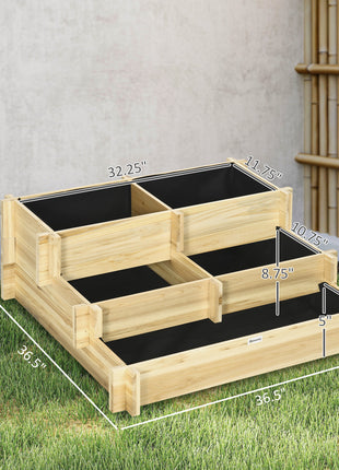 3 Tier Raised Garden Bed, Water Draining Fabric for Soil, Elevated Wood Flower Box for Vegetables, Herbs, Natural