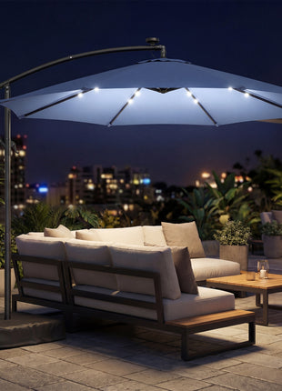 10 ft Cantilever Patio Umbrella with Light, Weight, Offset Hanging Outdoor Umbrella with Protective Cover, Dark Blue