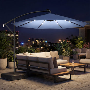 10 ft Cantilever Patio Umbrella with Light, Weight, Offset Hanging Outdoor Umbrella with Protective Cover, Dark Blue