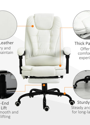 7-Point Vibrating Massage Office Chair High Back Executive Recliner with Lumbar Support, Footrest, Reclining Back, Adjustable Height, White