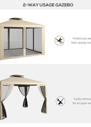 9.6' x 11.6' Patio Gazebo Outdoor Canopy Shelter with 2-Tier Roof and Netting, Steel Frame for Garden, Taupe