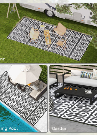 Reversible Outdoor Rug Carpet RV Camping Rugs with Carry Bag, 9' x 18', Black & White Chain