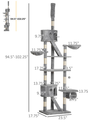 Floor to Ceiling Cat Tree, 94.5-102.5 inch Height Adjustable Cat Climbing Tower with Scratching Posts, Condos, Hammocks