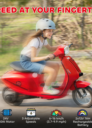 24V Kids Motorcycle with 3-Speed, Electric Motorcycle with Rear Suspension and LED Lights for 8-12 Years Old, Red