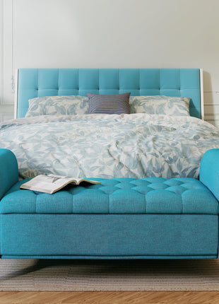 50 Inches Storage Ottoman, End of Bed Bench with Rolled Arms, Wood Legs, Button Tufted Storage Bench, Teal