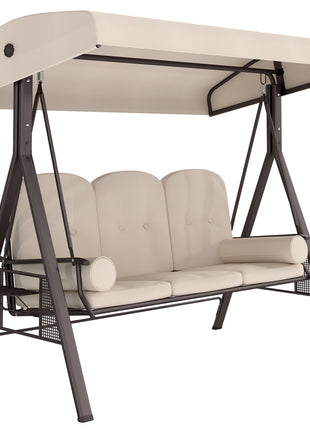 3-Seat Patio Swing Chair, Outdoor Porch Swing Glider with Adjustable Canopy, Removable Cushion, Pillows and Side Trays, for Garden, Poolside, Backyard, Beige