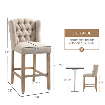 Counter Height Bar Stools Set of 2, 27" Seat Height Upholstered Barstools, Farmhouse Kitchen Island Stools with Nailhead-Trim, Tufted Back and Wooden Legs, Beige