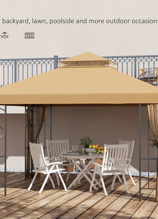 10' x 12' Patio Gazebo with Corner Frame Shelves, Double Roof Outdoor Gazebo Canopy Shelter with Netting, Brown