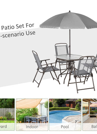 6 Piece Patio Dining Set for 4 with Umbrella, with 4 Folding Dining Chairs & Round Glass Table for Garden, Gray