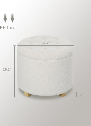 18" Round Ottoman with Storage, Teddy Fleece Button Tufted Foot Stool with Lid, Wood Legs for Living Room Hallway, White