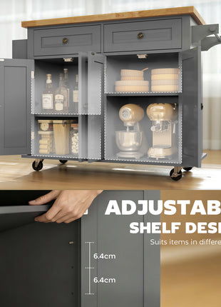 44" Mobile Kitchen Island Table, Kitchen Island Cart on Wheels with Storage Cabinets, 2 Drawers, Gray