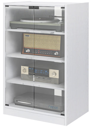 4-Tier Media Cabinet, Media Stand with Adjustable Shelves, Tempered Glass Doors, and Cable Management, Distressed White