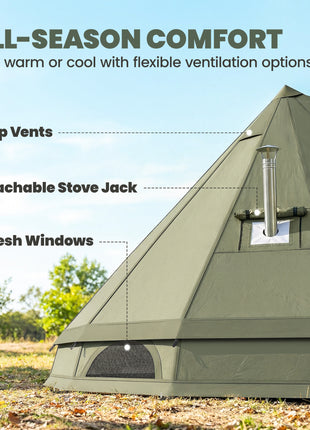 Teepee Tent Waterproof Camping Tent with Stove Jack for 4-6 People for Outdoor Camping Hiking Army Green
