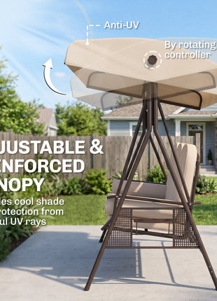 3-Seat Patio Swing Chair, Outdoor Porch Swing Glider with Adjustable Canopy, Removable Cushion, Pillows and Side Trays, for Garden, Poolside, Backyard, Beige