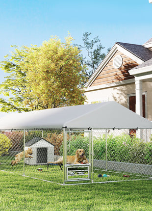 Outdoor Dog Kennel with Adjustable & Rotatable Bowl Rack, Waterproof Cover, Secure Lock, 19.7' x 7.5' x 5.2'
