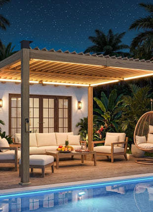 10' x 10' Louvered Pergola with Solar LED lights, Metal Roof, Outdoor Pergola Patio Gazebo with Drainage Gutters, Brown