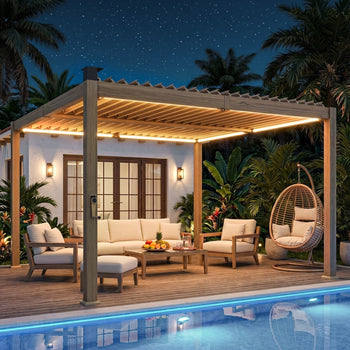 10' x 10' Louvered Pergola with Solar LED lights, Metal Roof, Outdoor Pergola Patio Gazebo with Drainage Gutters, Brown